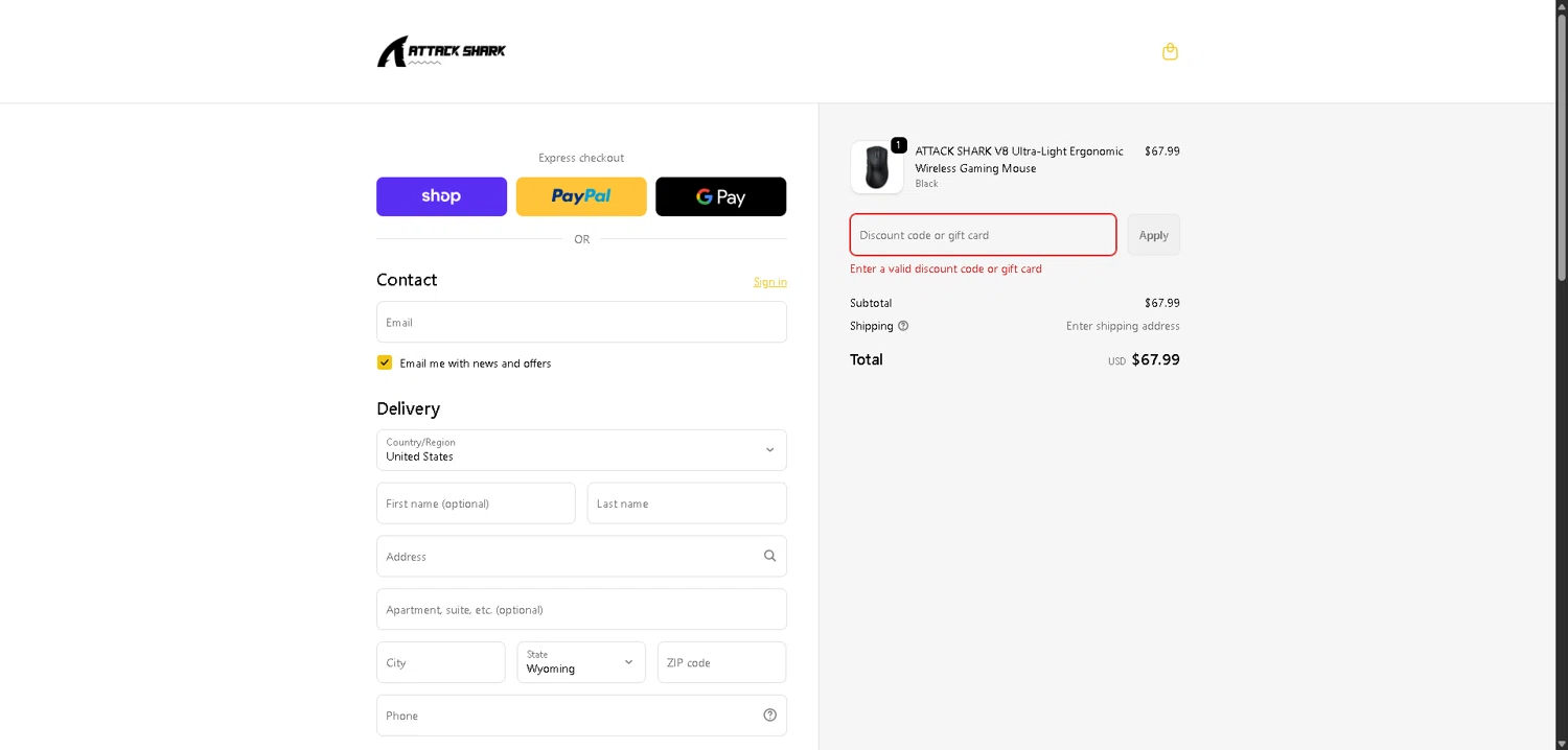 Attack Shark discount code screenshot showing code V8DEAL applied at Attack Shark checkout page. Uploaded by SimplyCodes community member ValueWarden2887 on Dec 29, 2025