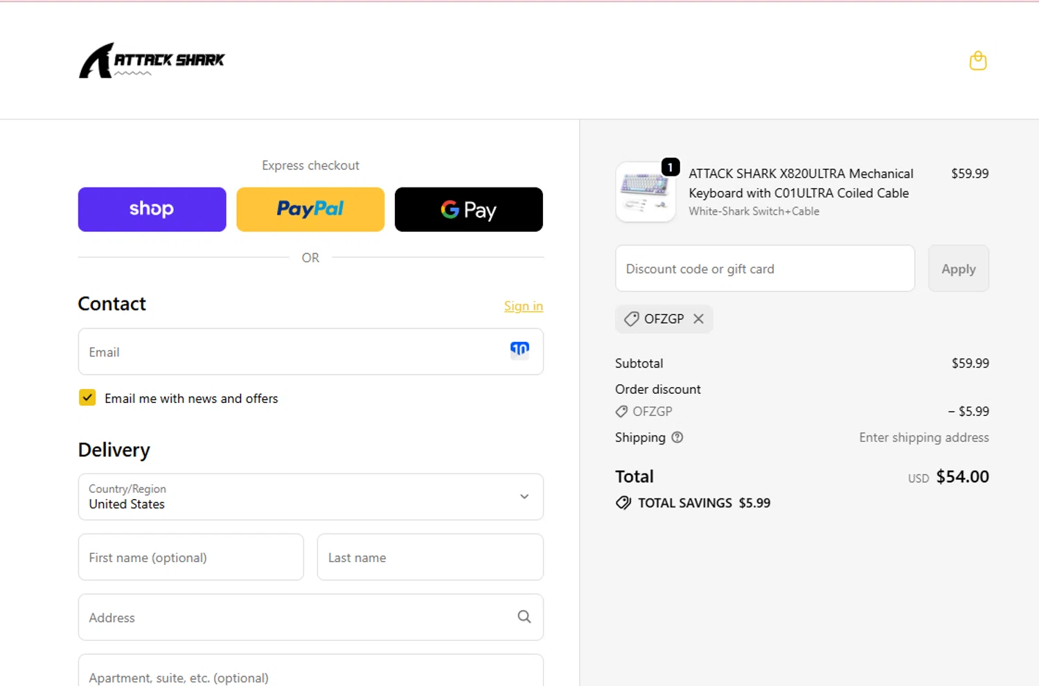 Attack Shark discount code screenshot showing code OFZGP applied at Attack Shark checkout page. Uploaded by SimplyCodes community member Westcoll on Feb 2, 2026