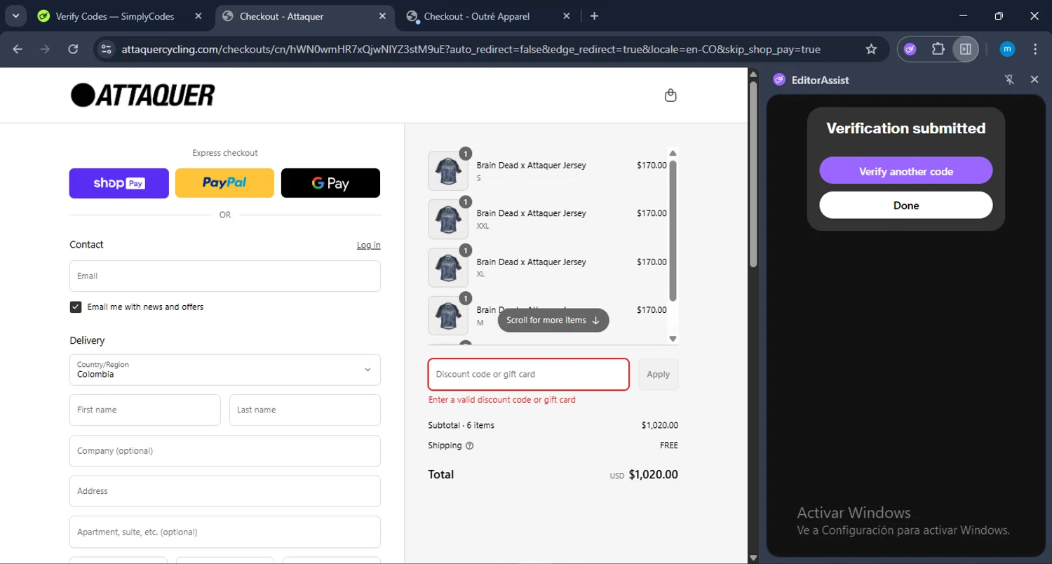 Attaquer discount code screenshot showing code CR-FRIENDS15 applied at Attaquer checkout page. Uploaded by SimplyCodes community member LuckyWarden9122 on Jul 23, 2025