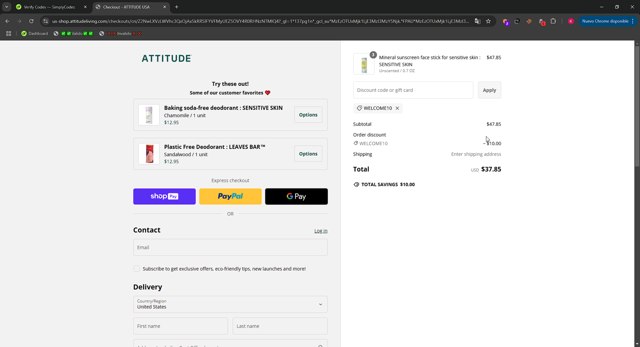 Attitude checkout page showing Attitude discount code box | Screenshot taken by SimplyCodes community member on Nov 27, 2024