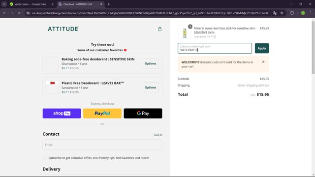 Attitude checkout page showing Attitude discount code box | Screenshot taken by SimplyCodes community member on Nov 15, 2024