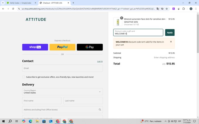 Attitude checkout page showing Attitude discount code box | Screenshot taken by SimplyCodes community member on Dec 7, 2024