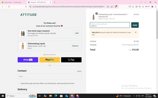 Attitude checkout page showing Attitude discount code box | Screenshot taken by SimplyCodes community member on Dec 16, 2024