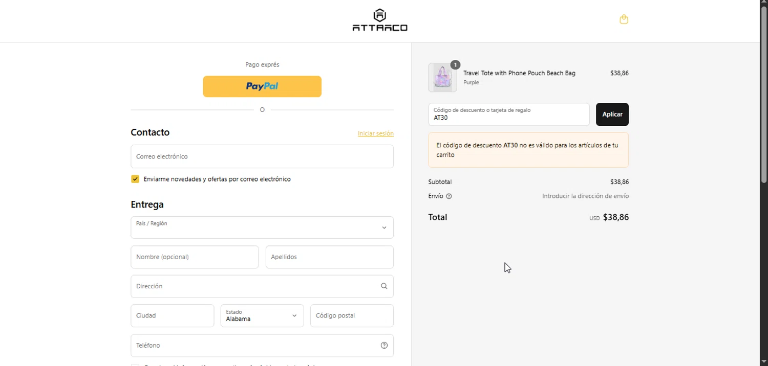 Attraco discount code screenshot showing code AT30 applied at Attraco checkout page. Uploaded by SimplyCodes community member Puta_madre10 on May 16, 2025