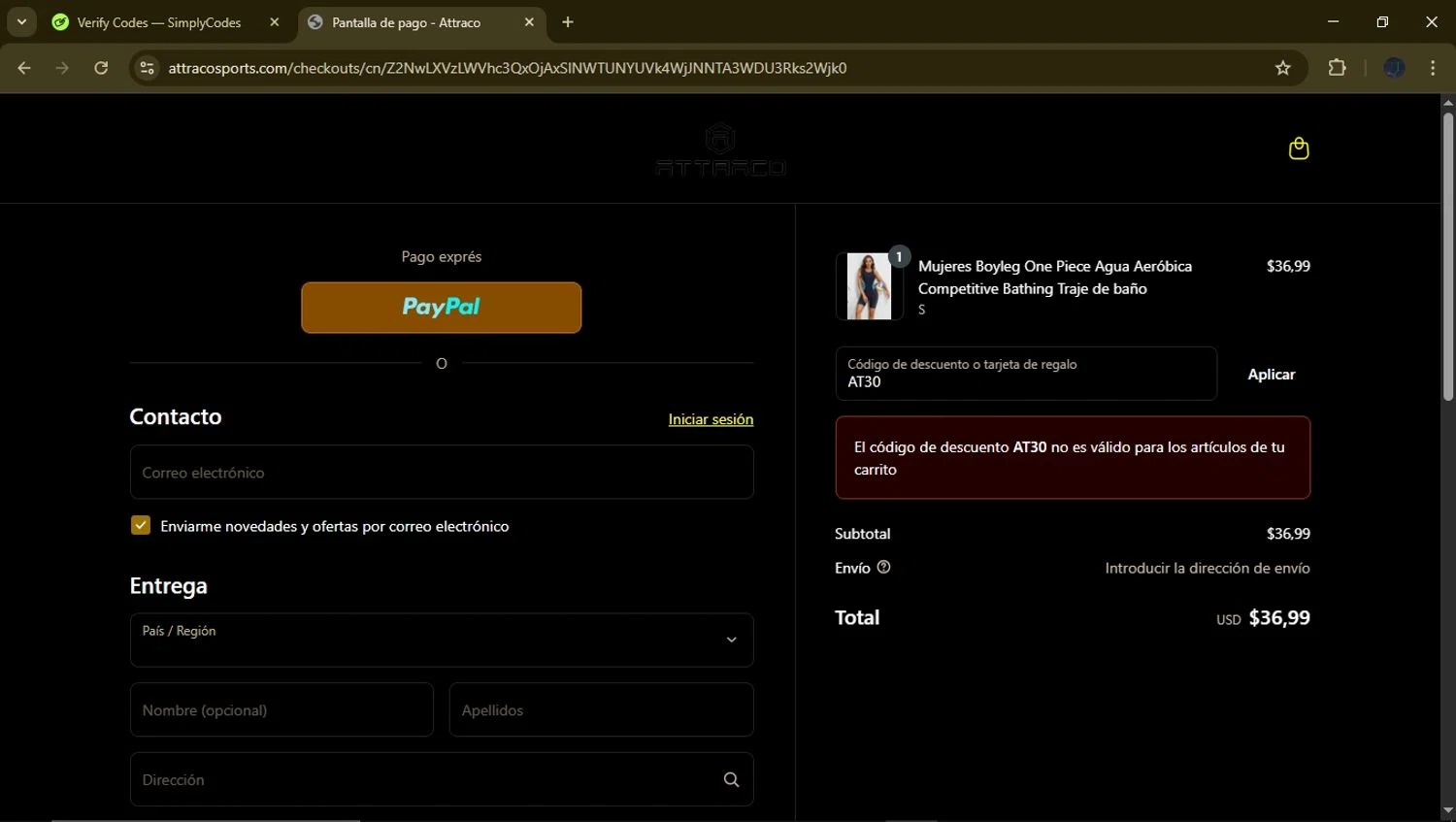 Attraco discount code screenshot showing code AT30 applied at Attraco checkout page. Uploaded by SimplyCodes community member GloriousFinder8415 on Apr 27, 2025