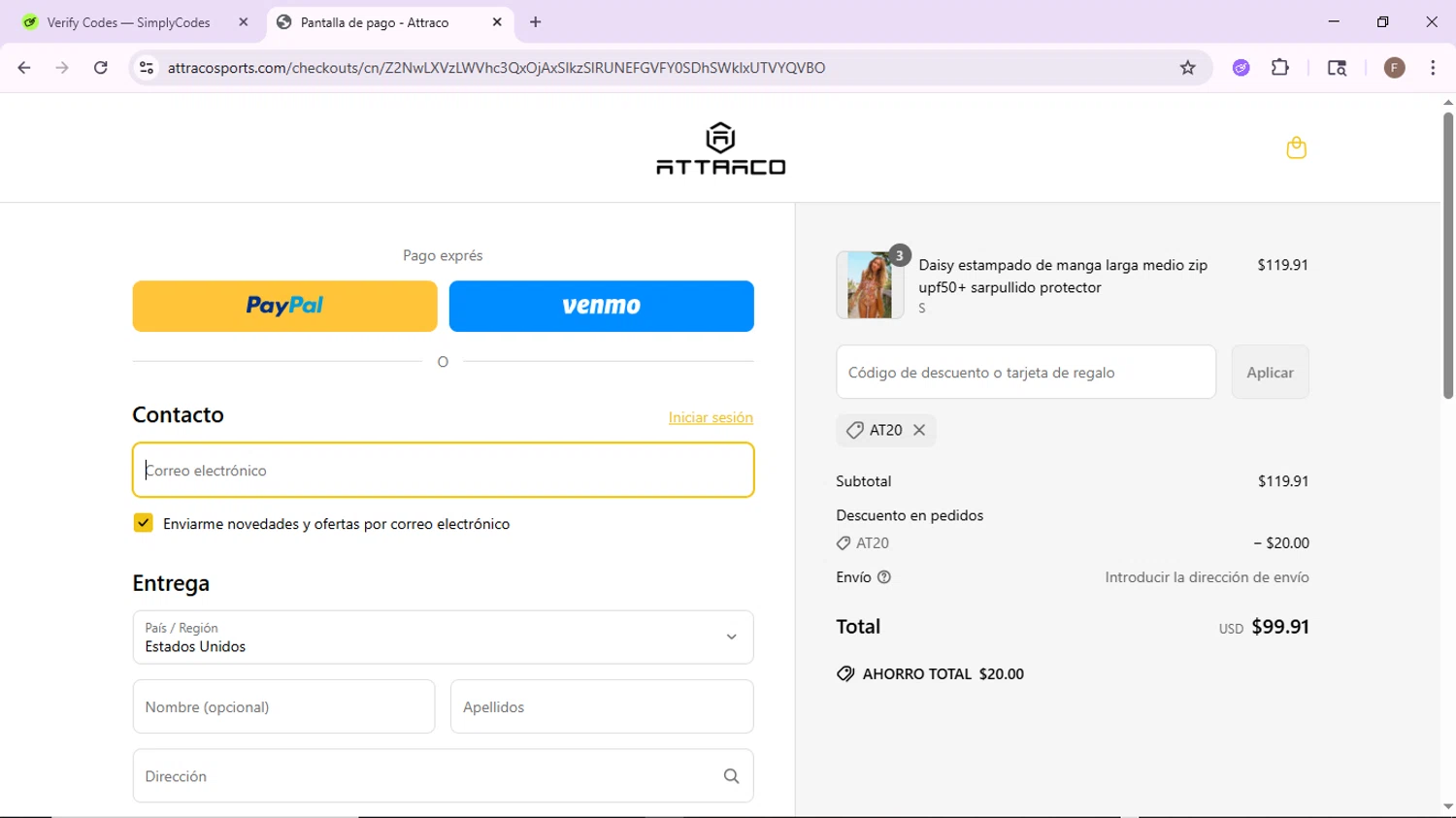 Attraco discount code screenshot showing code AT20 applied at Attraco checkout page. Uploaded by SimplyCodes community member CashLion2660 on Jun 19, 2025