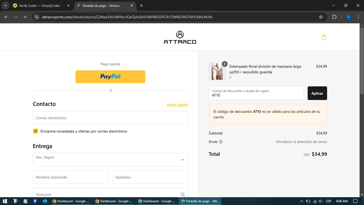 Attraco discount code screenshot showing code AT10 applied at Attraco checkout page. Uploaded by SimplyCodes community member BargainExpert7605 on Mar 3, 2025