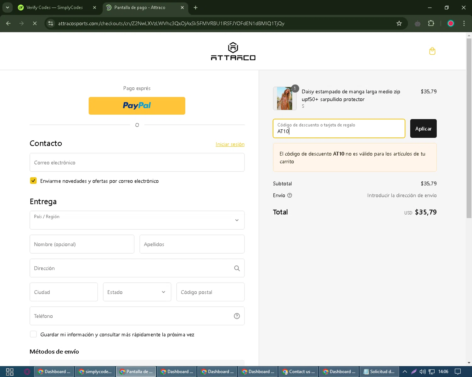 Attraco discount code screenshot showing code AT10 applied at Attraco checkout page. Uploaded by SimplyCodes community member james_smith on Mar 3, 2025