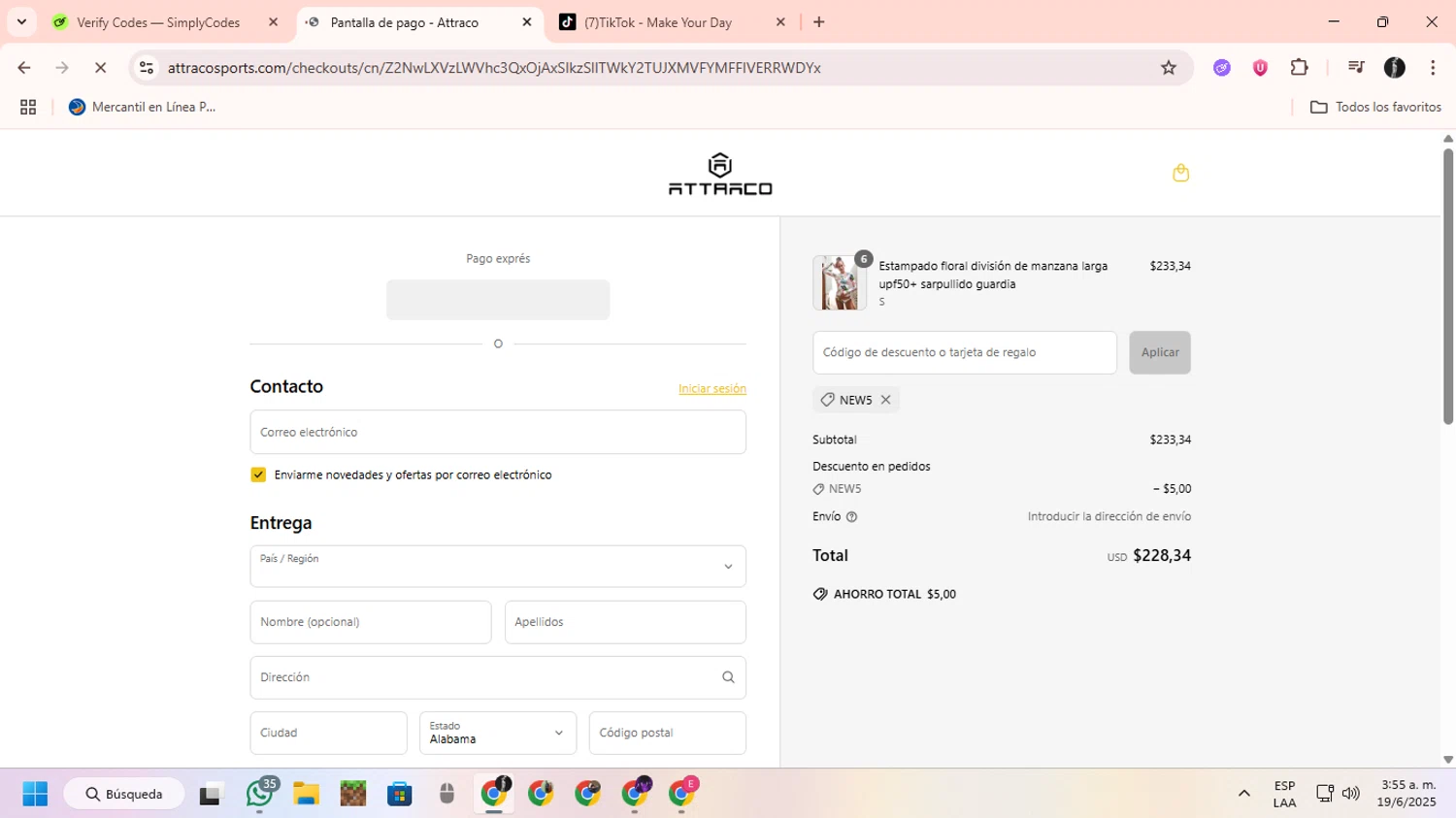 Attraco discount code screenshot showing code NEW5 applied at Attraco checkout page. Uploaded by SimplyCodes community member ChinoYugiXD on Jun 19, 2025