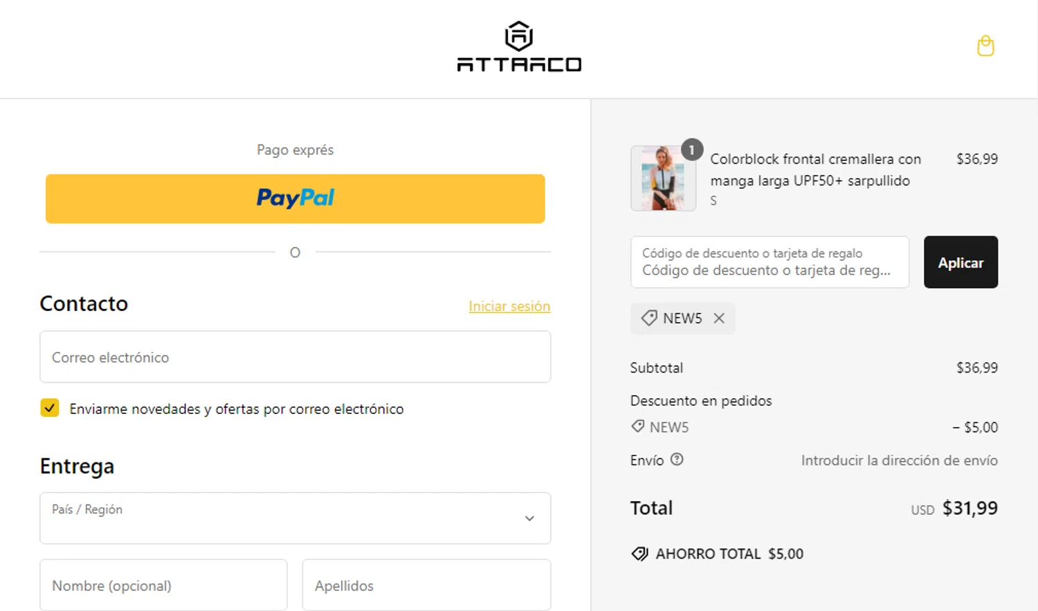 Attraco discount code screenshot showing code NEW5 applied at Attraco checkout page. Uploaded by SimplyCodes community member Gabrielo2000 on Mar 3, 2025