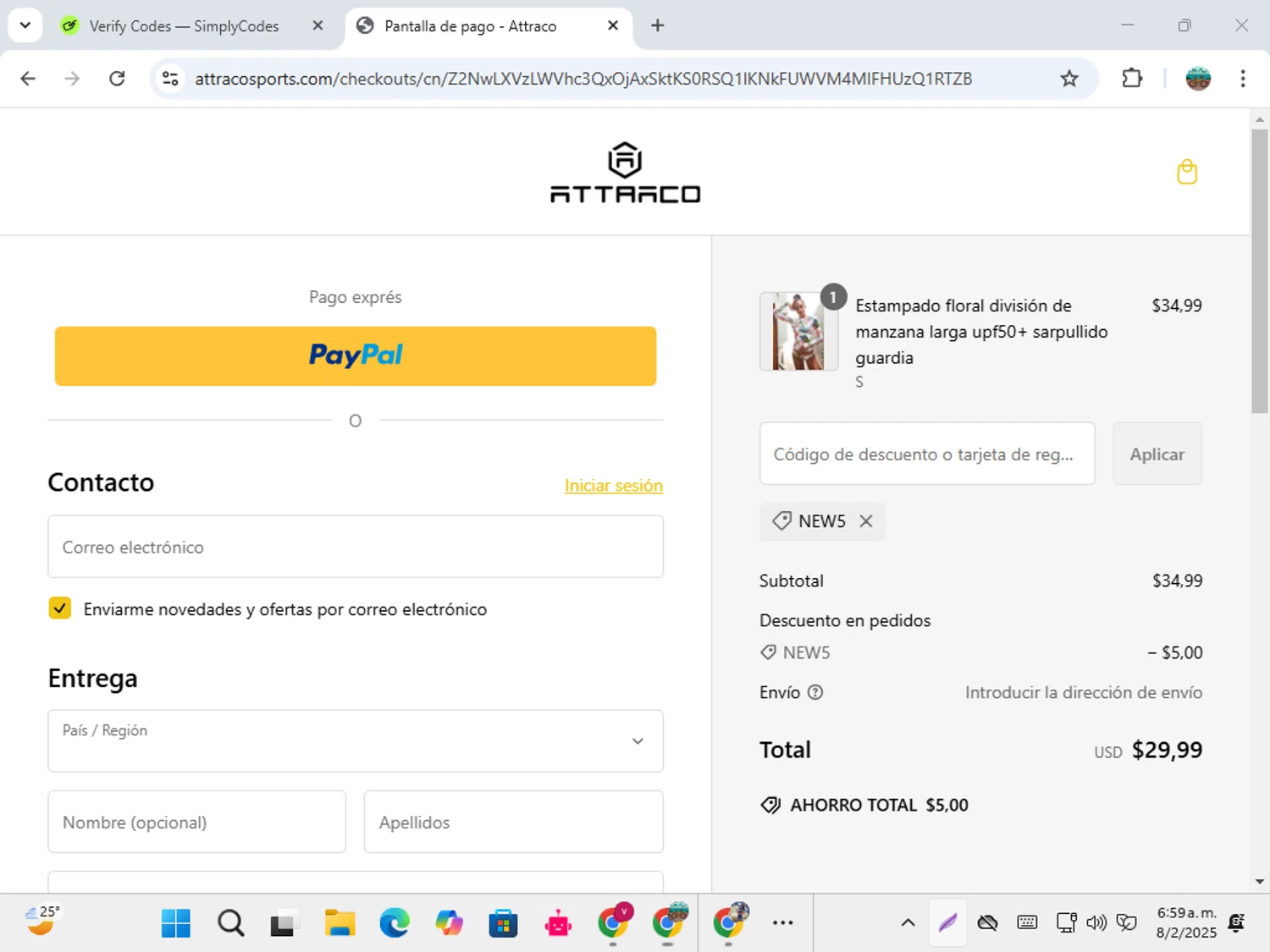 Attraco discount code screenshot showing code NEW5 applied at Attraco checkout page. Uploaded by SimplyCodes community member karolg on Feb 8, 2025