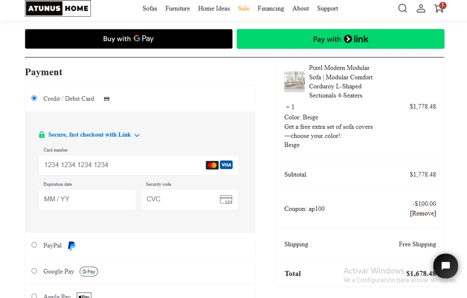 Atunus Home Furniture checkout page showing Atunus Home Furniture promo code box | Screenshot taken by SimplyCodes community member on Oct 29, 2025