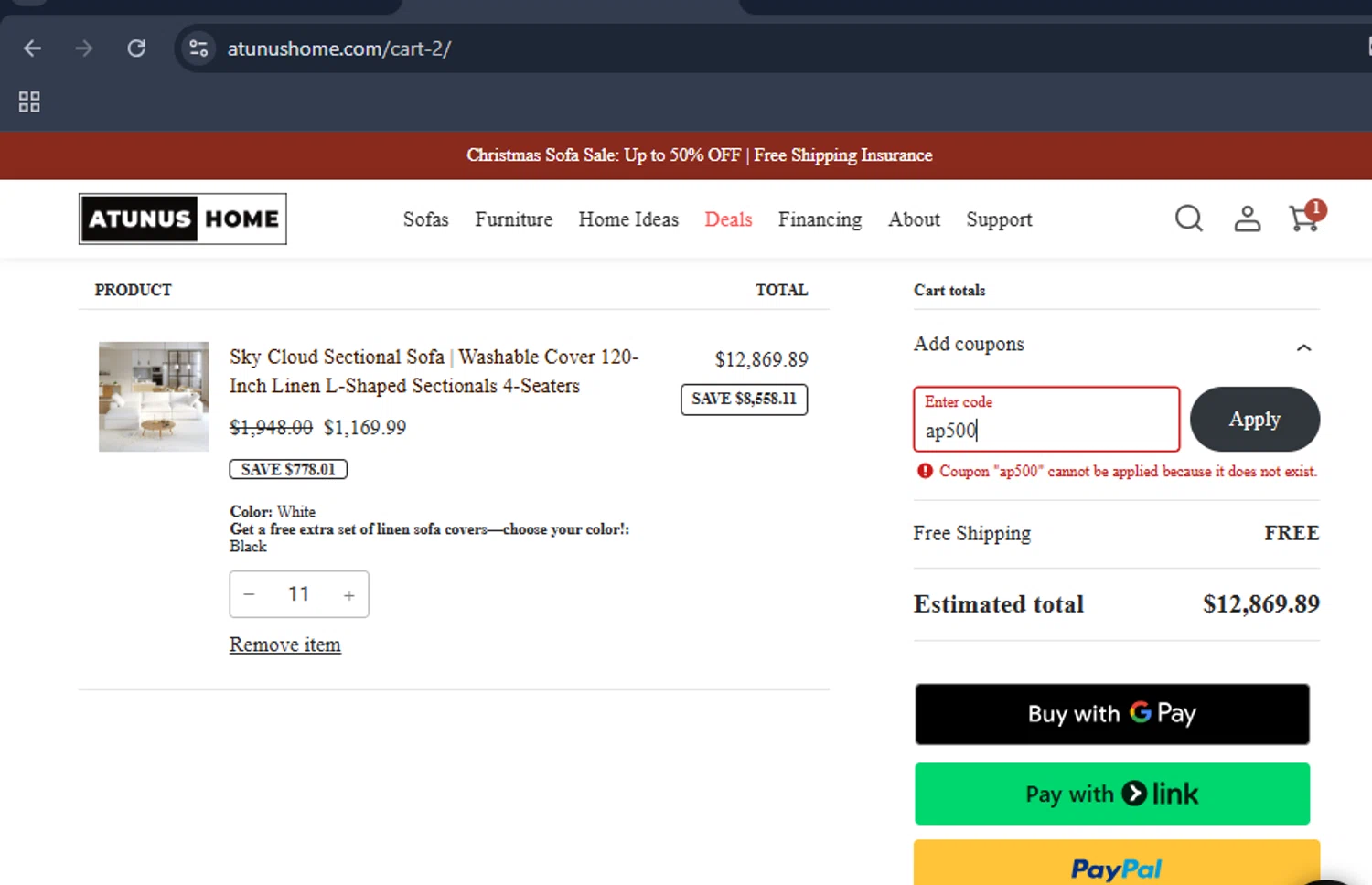Atunus Home Furniture promo code screenshot showing code ap500 applied at Atunus Home Furniture checkout page. Uploaded by SimplyCodes community member DiscountHero6788 on Dec 29, 2025