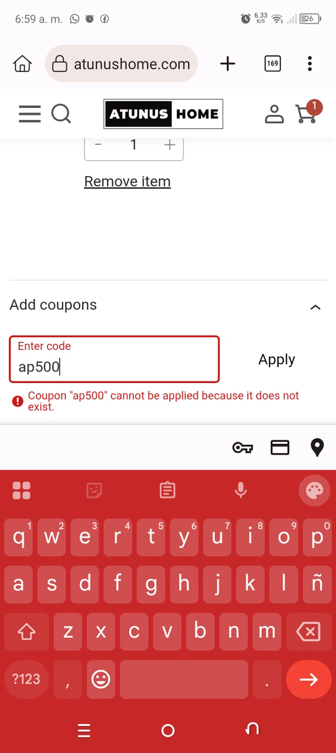 Atunus Home Furniture promo code screenshot showing code ap500 applied at Atunus Home Furniture checkout page. Uploaded by SimplyCodes community member Typer19 on Dec 29, 2025