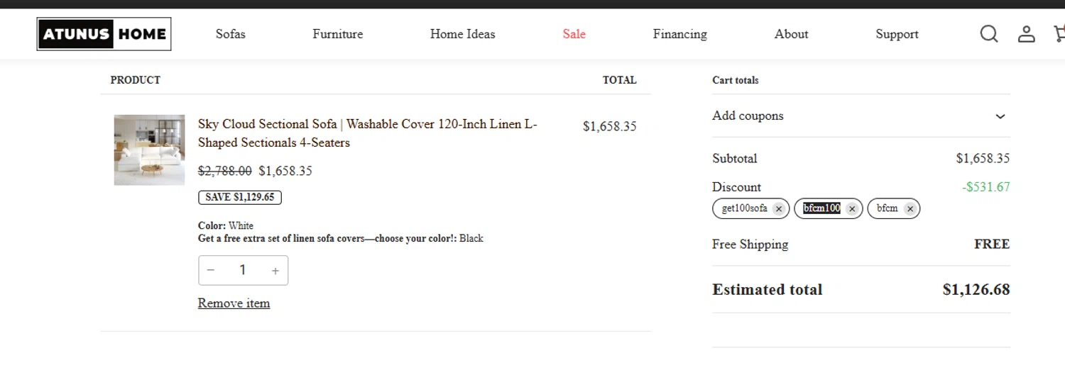 Atunus Home Furniture promo code screenshot showing code bfcm100 applied at Atunus Home Furniture checkout page. Uploaded by SimplyCodes community member ashe1986 on Nov 7, 2025
