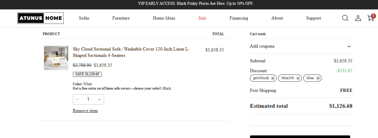 Atunus Home Furniture promo code screenshot showing code GET100SOFA applied at Atunus Home Furniture checkout page. Uploaded by SimplyCodes community member ashe1986 on Nov 7, 2025