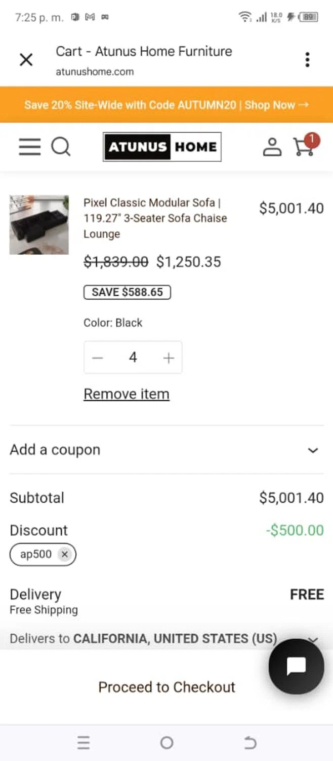 Atunus Home Furniture promo code screenshot showing code ap500 applied at Atunus Home Furniture checkout page. Uploaded by SimplyCodes community member carmenamandabritoser on Sep 30, 2025