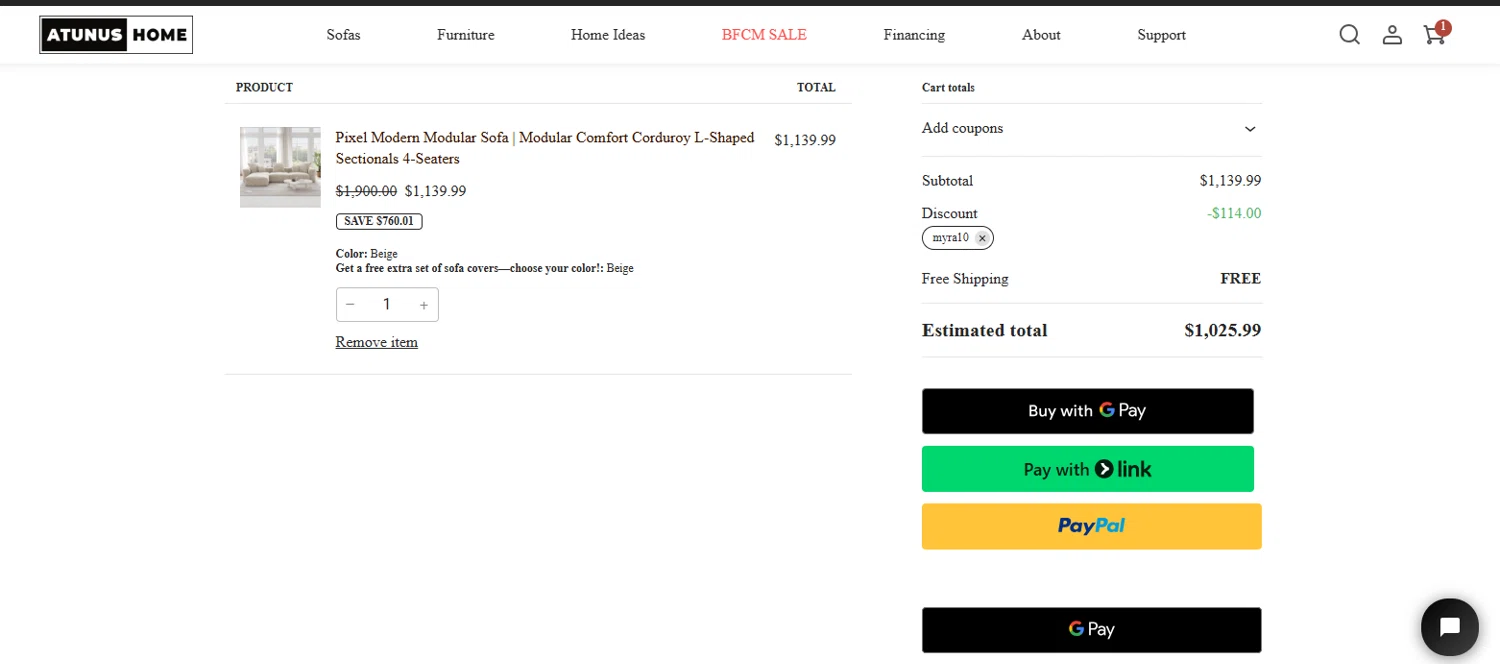 Atunus Home Furniture promo code screenshot showing code MYRA10 applied at Atunus Home Furniture checkout page. Uploaded by SimplyCodes community member ylenisjordan on Dec 6, 2025