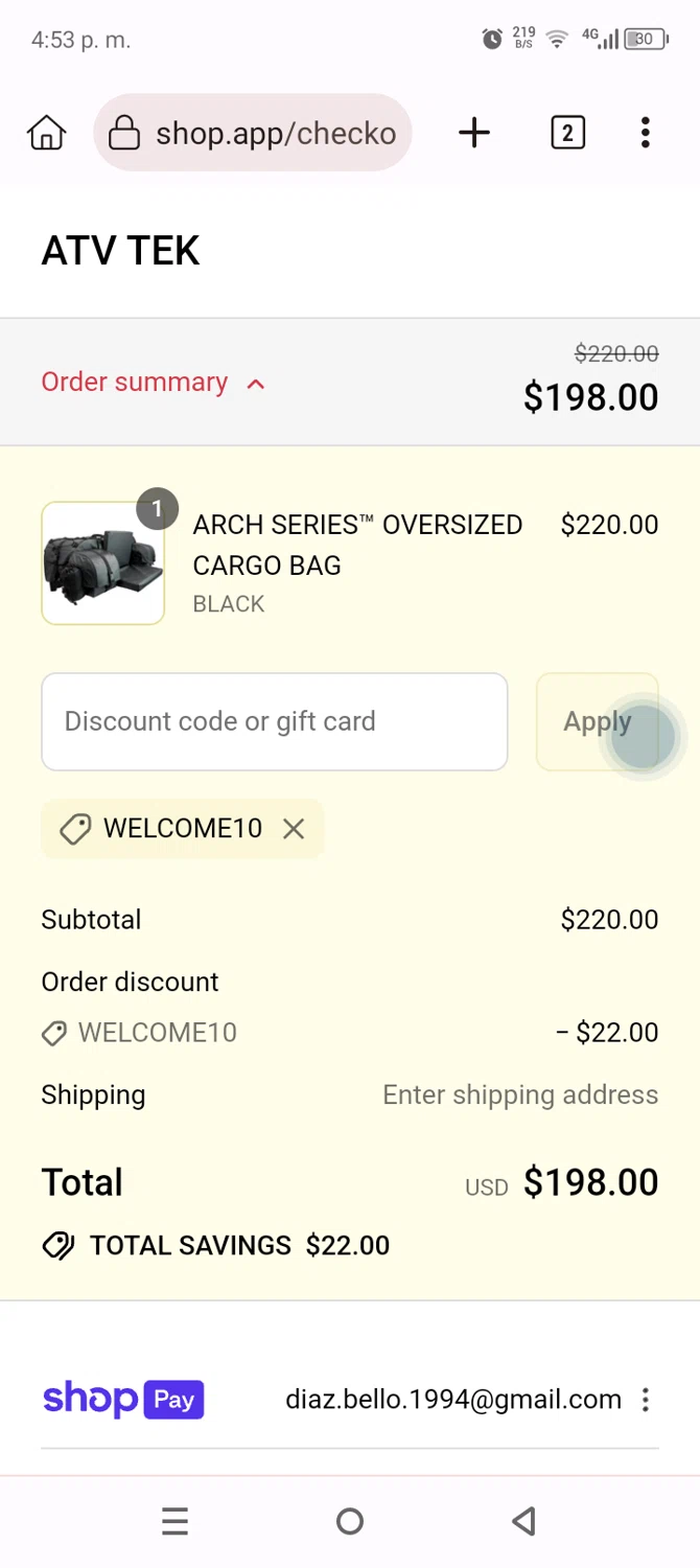 ATV TEK discount code screenshot showing code WELCOME10 applied at ATV TEK checkout page. Uploaded by SimplyCodes community member Anthony_Diaz on Jul 29, 2025