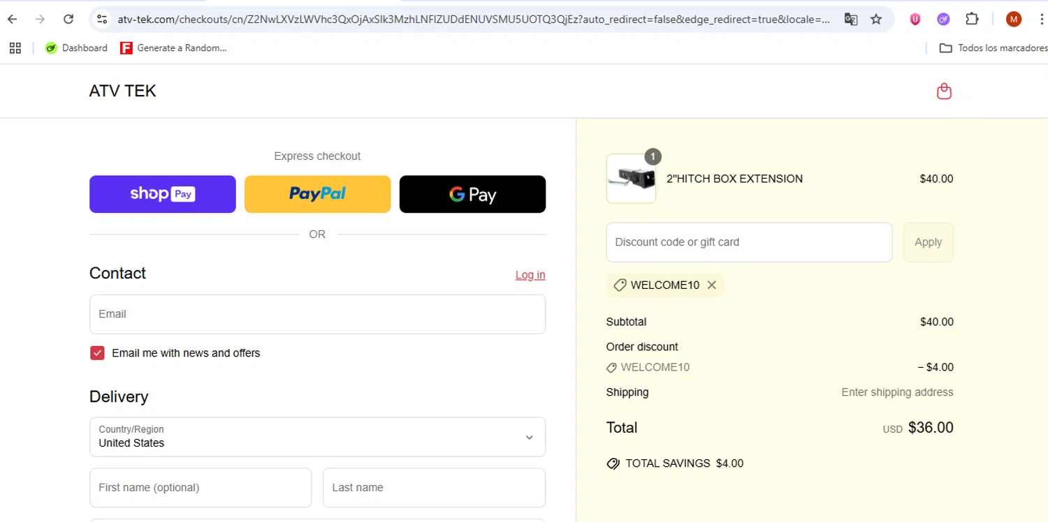 ATV TEK discount code screenshot showing code WELCOME10 applied at ATV TEK checkout page. Uploaded by SimplyCodes community member AurelioCasillas on Jun 20, 2025