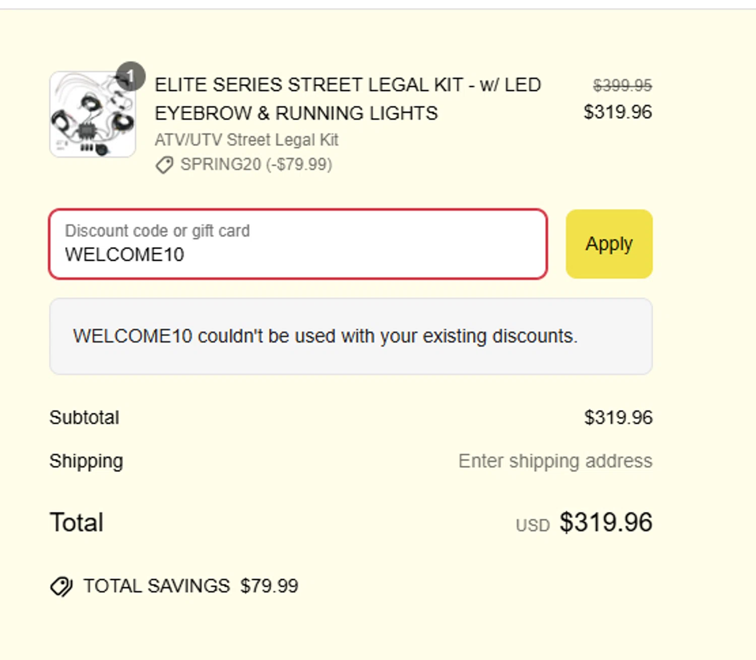ATV TEK discount code screenshot showing code WELCOME10 applied at ATV TEK checkout page. Uploaded by SimplyCodes community member MoneyFalcon5538 on Apr 17, 2025