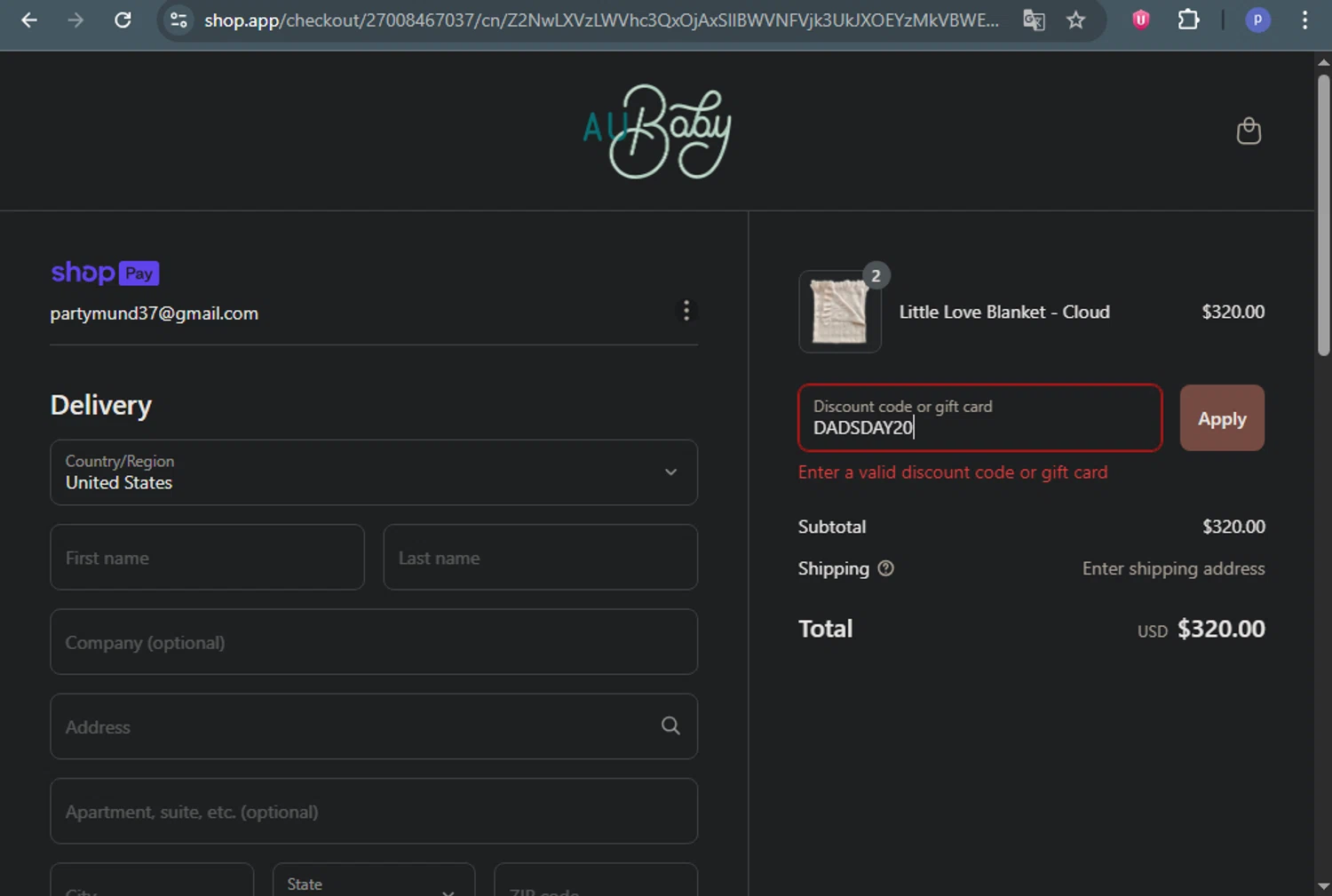 AU Baby promo code screenshot showing code DADSDAY20 applied at AU Baby checkout page. Uploaded by SimplyCodes community member DealAce9542 on Jun 22, 2025