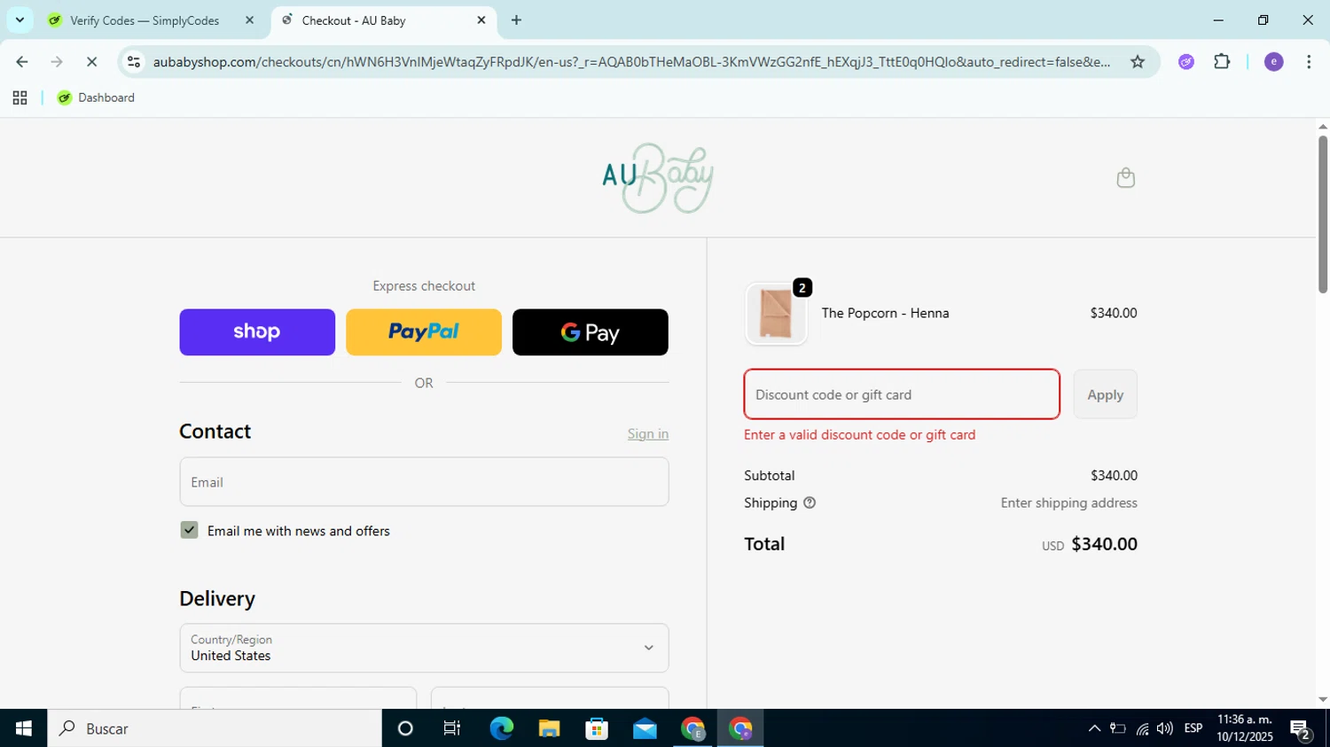 AU Baby promo code screenshot showing code blackfriday25 applied at AU Baby checkout page. Uploaded by SimplyCodes community member Esteban14 on Dec 10, 2025