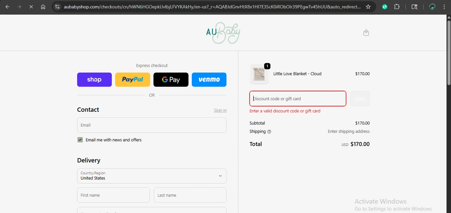 AU Baby promo code screenshot showing code blackfriday25 applied at AU Baby checkout page. Uploaded by SimplyCodes community member giselmarstephanny on Dec 10, 2025