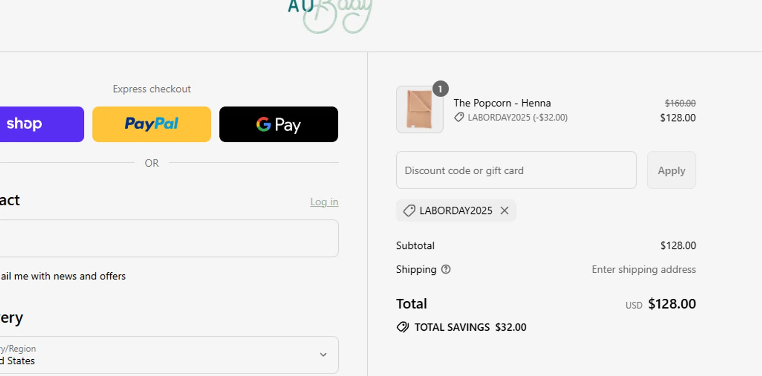 AU Baby promo code screenshot showing code LABORDAY2025 applied at AU Baby checkout page. Uploaded by SimplyCodes community member Olorinnnnn on Sep 1, 2025