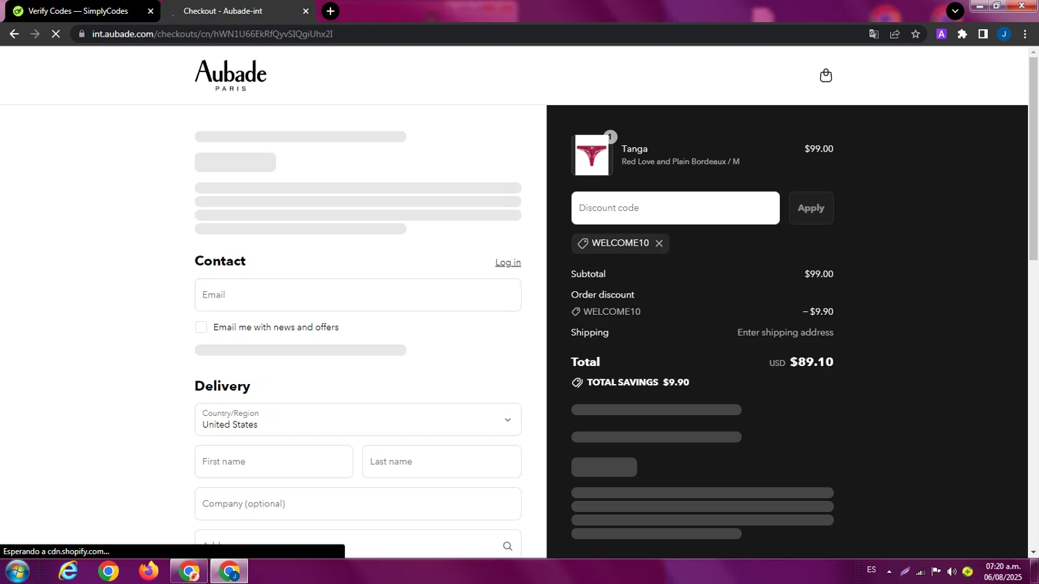 Aubade promo code screenshot showing code WELCOME10 applied at Aubade checkout page. Uploaded by SimplyCodes community member ExtraordinaryPhoenix9295 on Aug 6, 2025