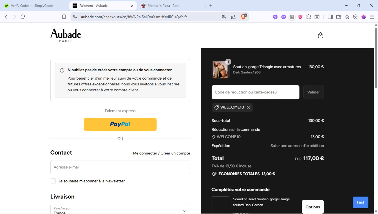 Aubade promo code screenshot showing code WELCOME10 applied at Aubade checkout page. Uploaded by SimplyCodes community member PocoyoTraihard on Sep 4, 2025