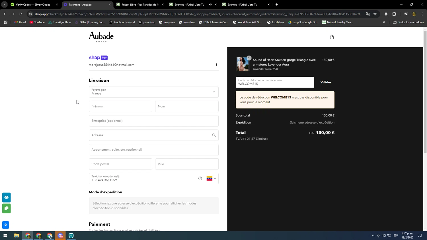 Aubade promo code screenshot showing code WELCOME15 applied at Aubade checkout page. Uploaded by SimplyCodes community member DonPollito on Feb 19, 2025