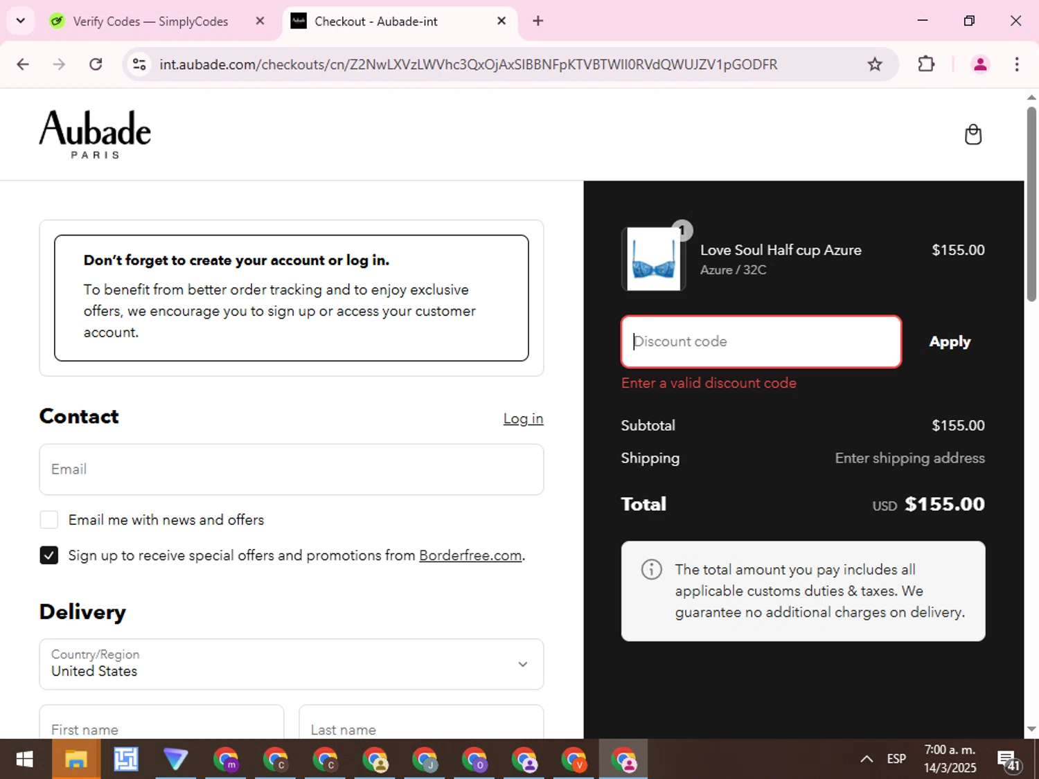 Aubade promo code screenshot showing code EXTRA10 applied at Aubade checkout page. Uploaded by SimplyCodes community member QuestCurator1644 on Mar 14, 2025