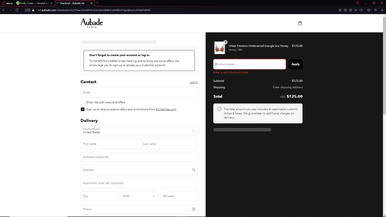 Aubade promo code screenshot showing code EXTRA10 applied at Aubade checkout page. Uploaded by SimplyCodes community member CleverAdmiral2537 on Mar 14, 2025