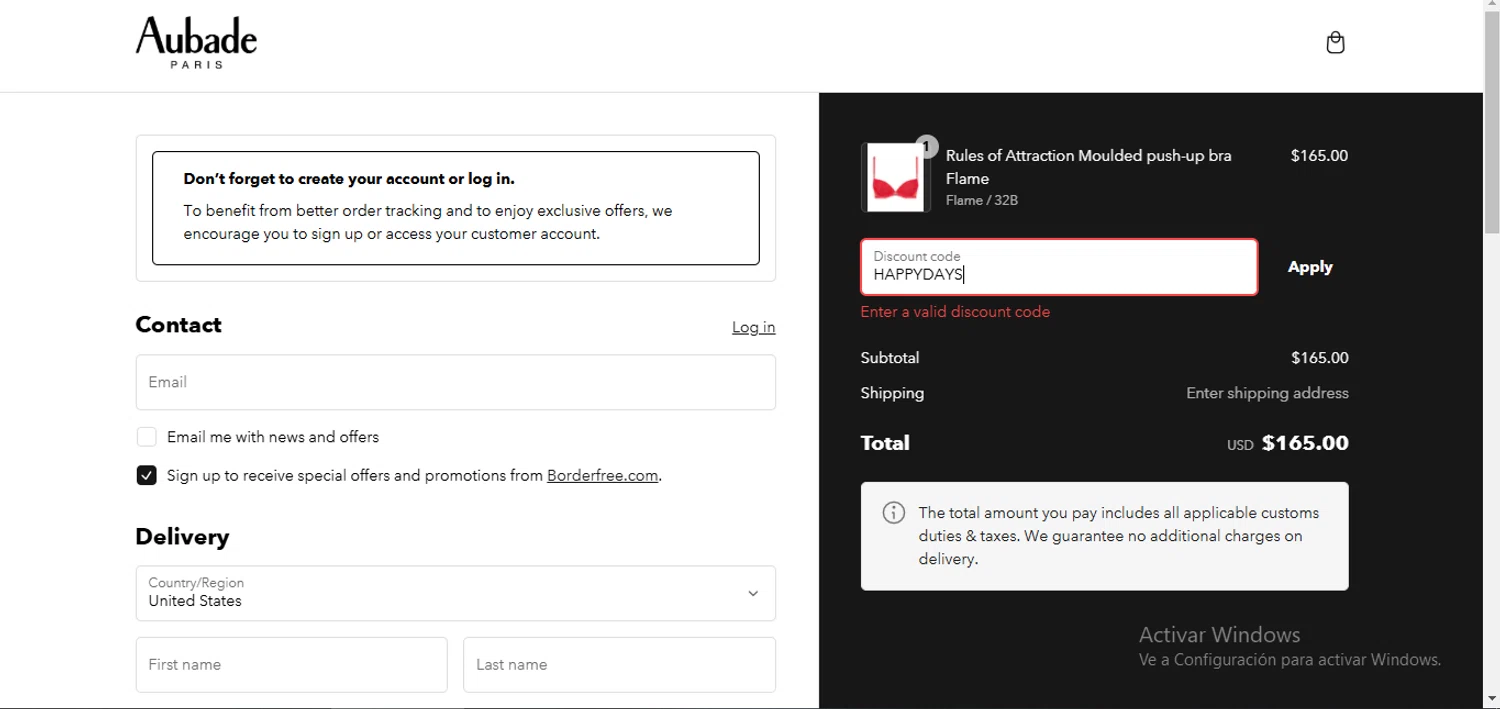 Aubade promo code screenshot showing code HAPPYDAYS applied at Aubade checkout page. Uploaded by SimplyCodes community member BaelorTargaryen on Feb 20, 2025