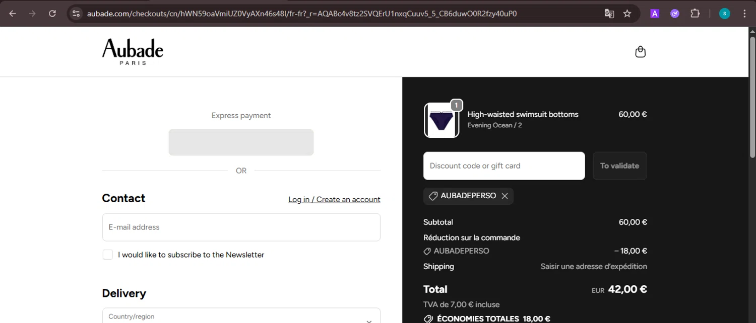 Aubade promo code screenshot showing code AUBADEPERSO applied at Aubade checkout page. Uploaded by SimplyCodes community member ValiantChaser7723 on Nov 11, 2025