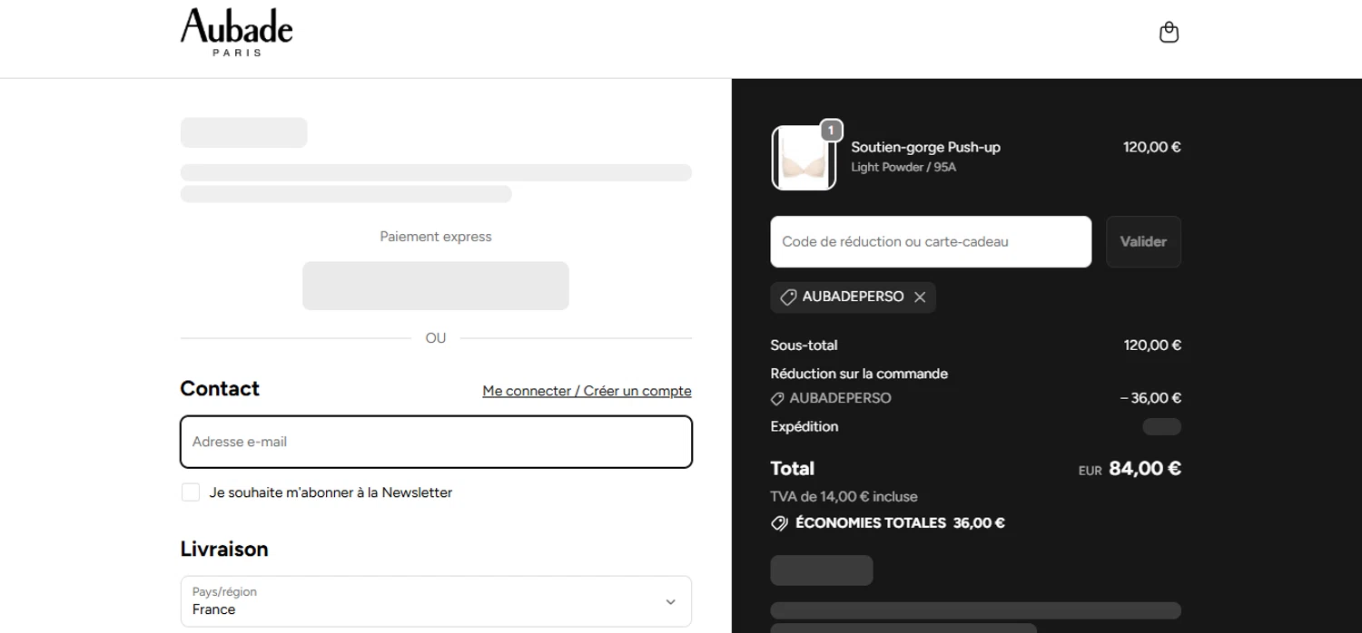 Aubade promo code screenshot showing code AUBADEPERSO applied at Aubade checkout page. Uploaded by SimplyCodes community member juanisaac on Oct 3, 2025
