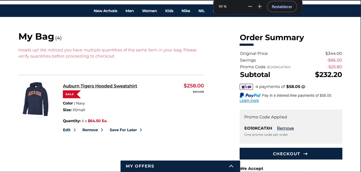Auburn Tigers checkout page showing Auburn Tigers promo code box | Screenshot taken by SimplyCodes community member on Feb 12, 2026