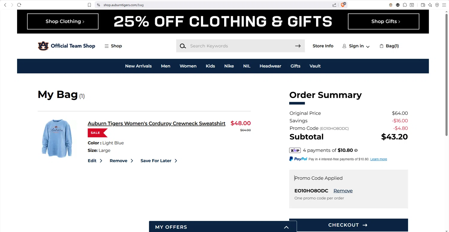Auburn Tigers checkout page showing Auburn Tigers promo code box | Screenshot taken by SimplyCodes community member on Feb 12, 2026