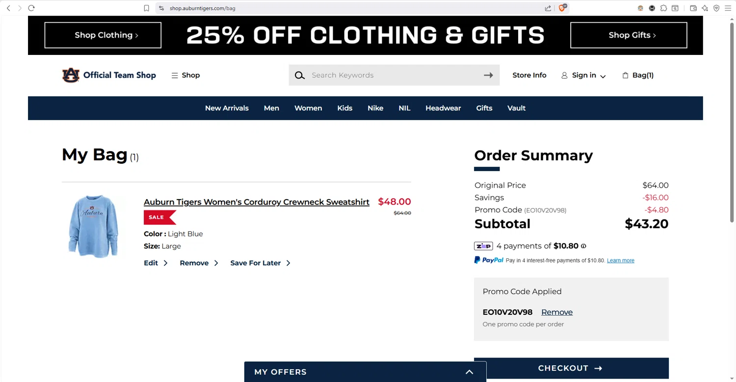 Auburn Tigers checkout page showing Auburn Tigers promo code box | Screenshot taken by SimplyCodes community member on Feb 12, 2026