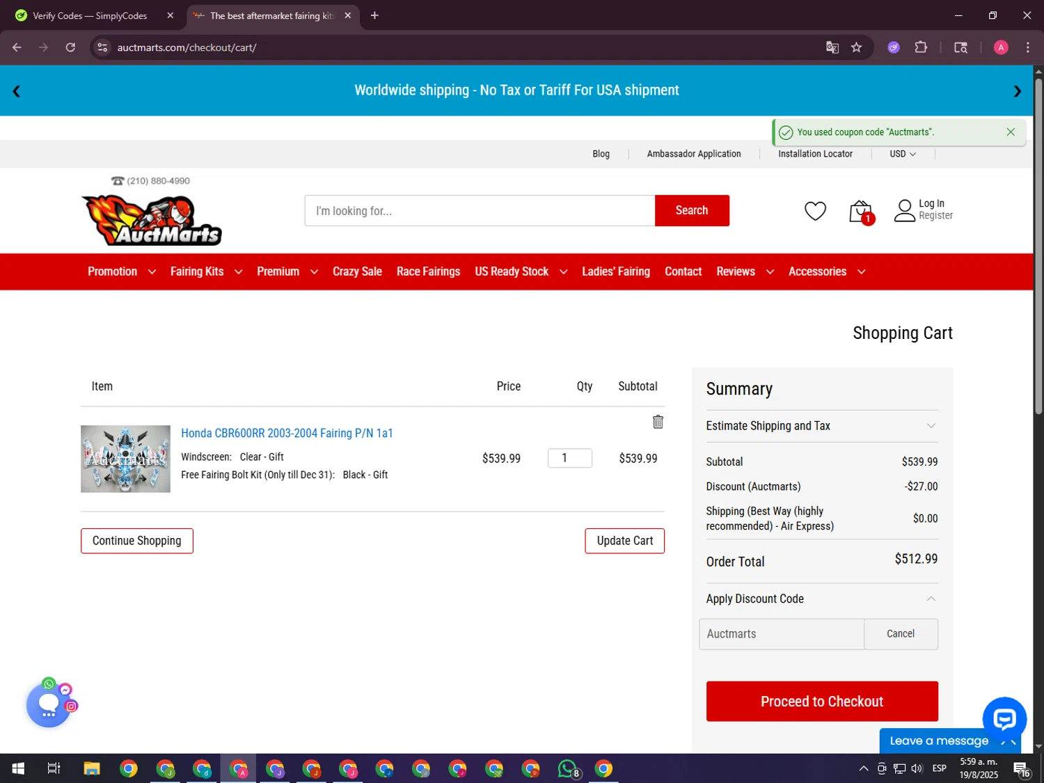 Auctmarts discount code screenshot showing code Auctmarts applied at Auctmarts checkout page. Uploaded by SimplyCodes community member CrownHawk3462 on Aug 19, 2025