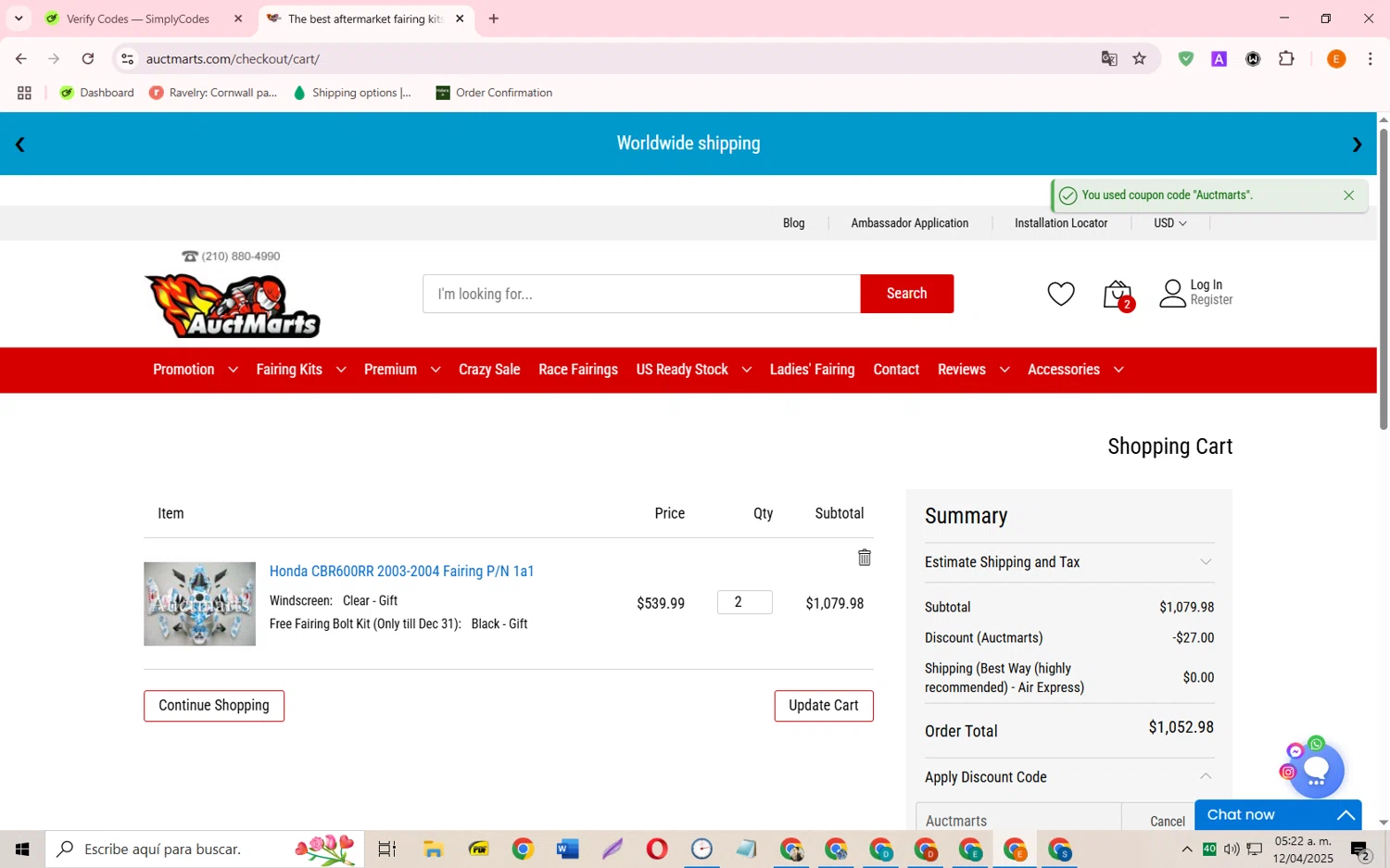 Auctmarts discount code screenshot showing code Auctmarts applied at Auctmarts checkout page. Uploaded by SimplyCodes community member RewardFalcon3197 on Apr 12, 2025