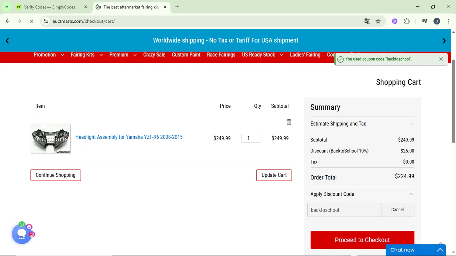 Auctmarts discount code screenshot showing code backtoschool applied at Auctmarts checkout page. Uploaded by SimplyCodes community member GloriousCollector9930 on Nov 13, 2025