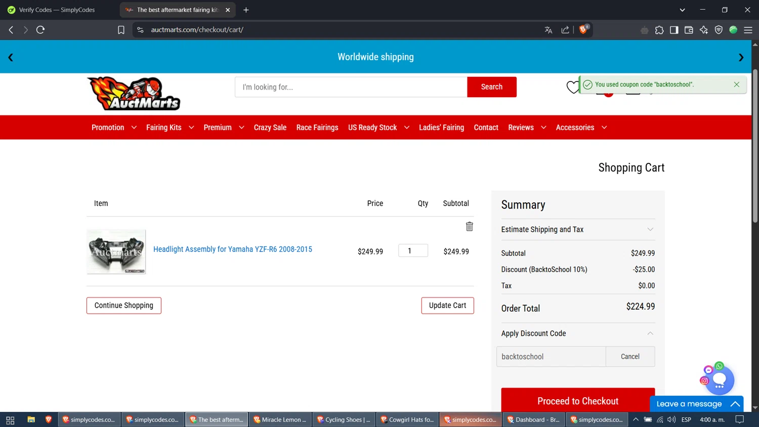 Auctmarts discount code screenshot showing code backtoschool applied at Auctmarts checkout page. Uploaded by SimplyCodes community member nadita on Apr 23, 2025