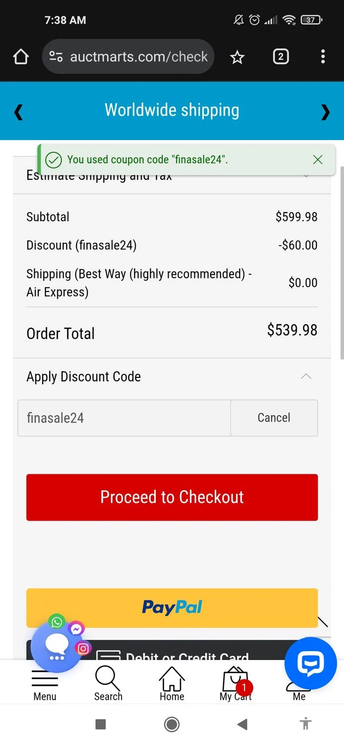 Auctmarts discount code screenshot showing code finasale24 applied at Auctmarts checkout page. Uploaded by SimplyCodes community member Mujerdejunnior on Jun 6, 2025