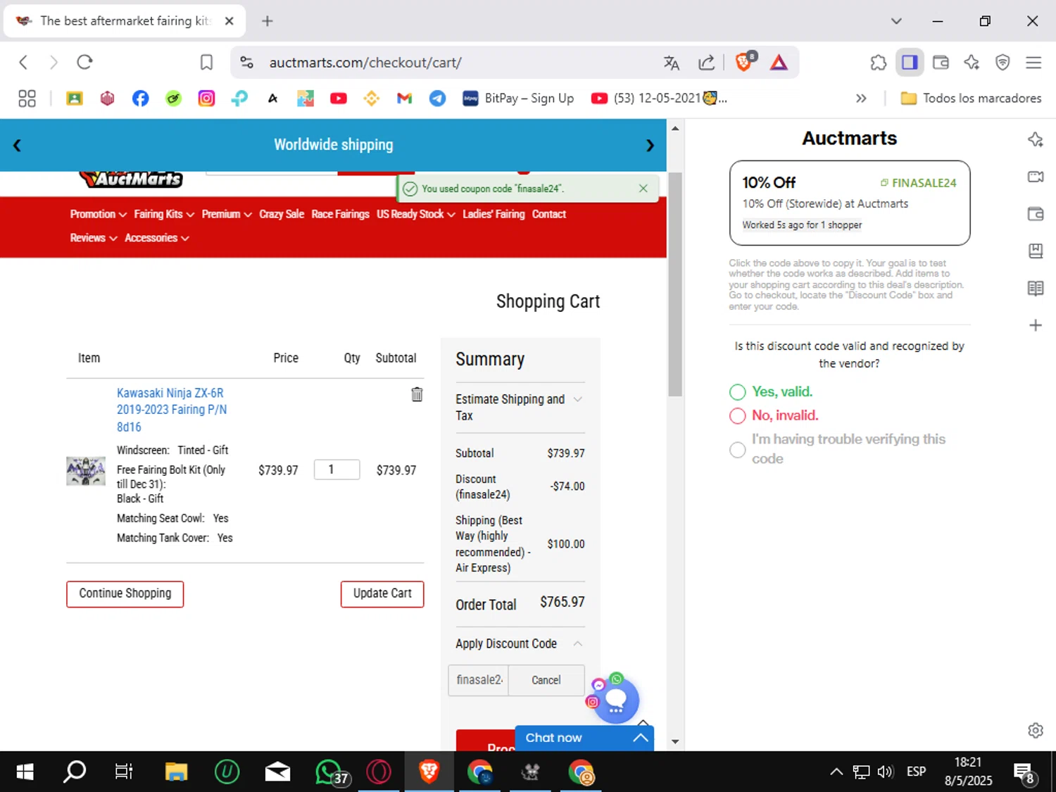 Auctmarts discount code screenshot showing code finasale24 applied at Auctmarts checkout page. Uploaded by SimplyCodes community member Sungjinwoo on May 8, 2025