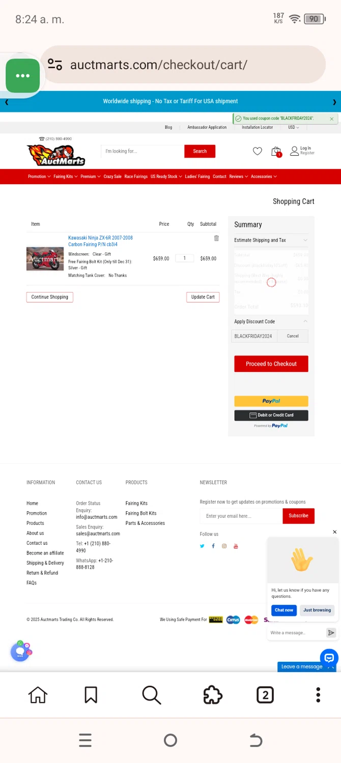 Auctmarts discount code screenshot showing code BLACKFRIDAY2024 applied at Auctmarts checkout page. Uploaded by SimplyCodes community member CashSaver3941 on Aug 23, 2025