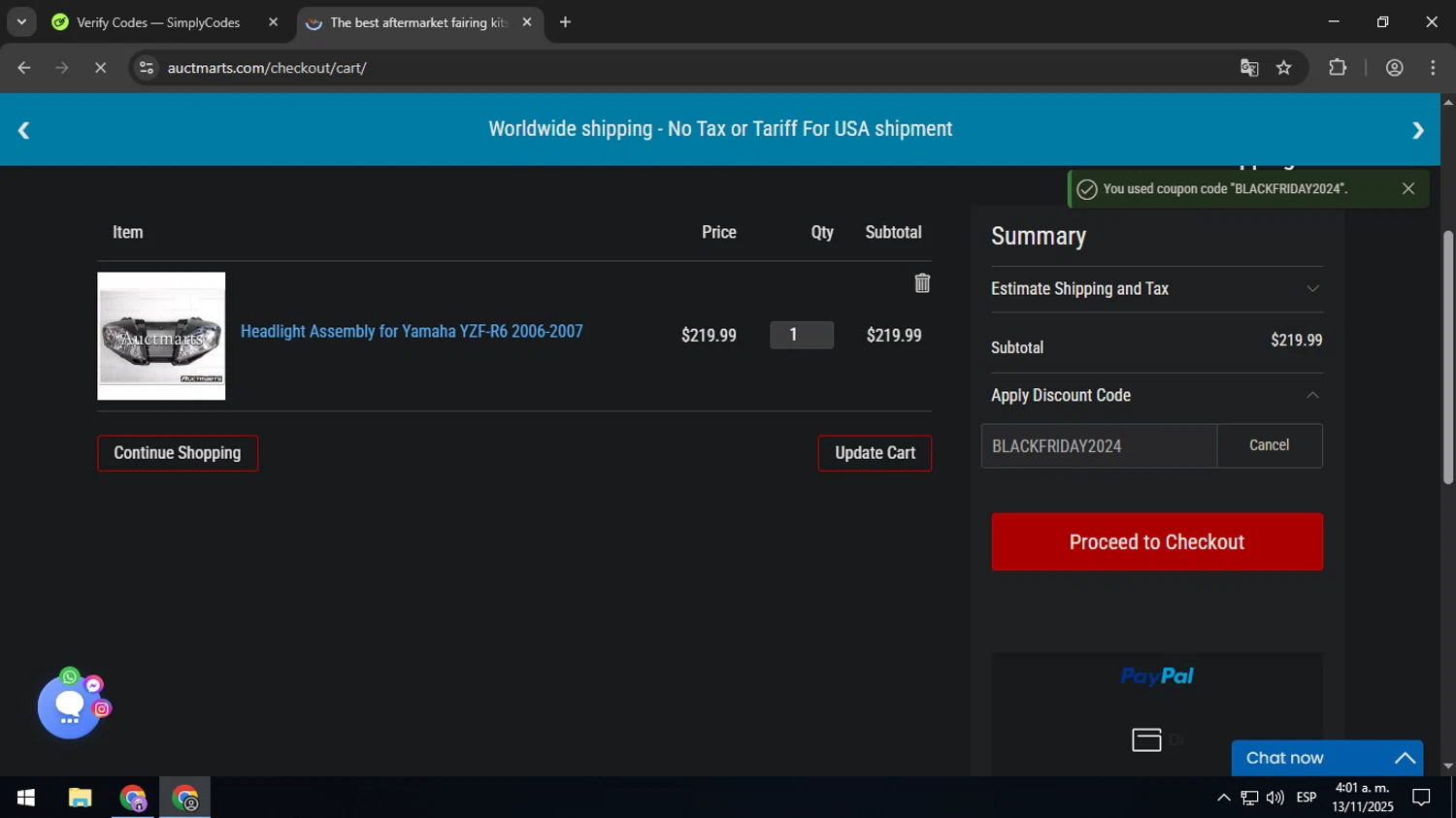 Auctmarts discount code screenshot showing code BLACKFRIDAY2024 applied at Auctmarts checkout page. Uploaded by SimplyCodes community member SavingsMaven1223 on Nov 13, 2025