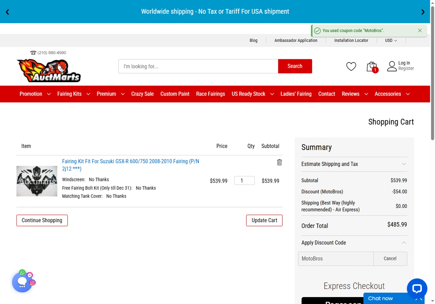 Auctmarts promo code screenshot showing code MotoBros applied at Auctmarts checkout page. Uploaded by SimplyCodes community member BeaMartinez on May 21, 2026