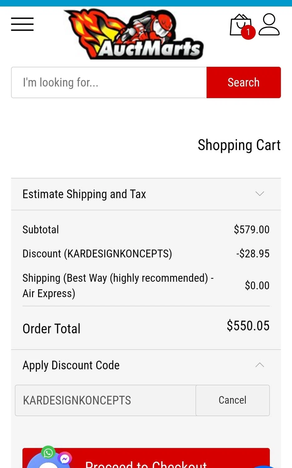 Auctmarts discount code screenshot showing code KARDESIGNKONCEPTS applied at Auctmarts checkout page. Uploaded by SimplyCodes community member JuanMonge on Nov 11, 2025